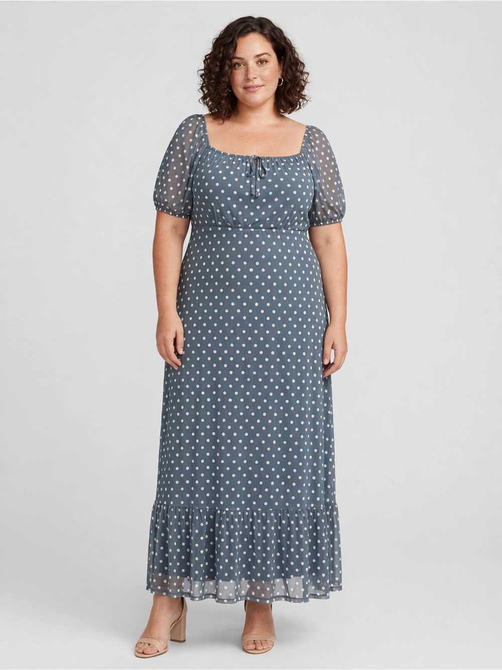 TINSEL Blue Polka Dot Maxi Dress 2X NWT Square Neck Smocked Back Puff Sleeve